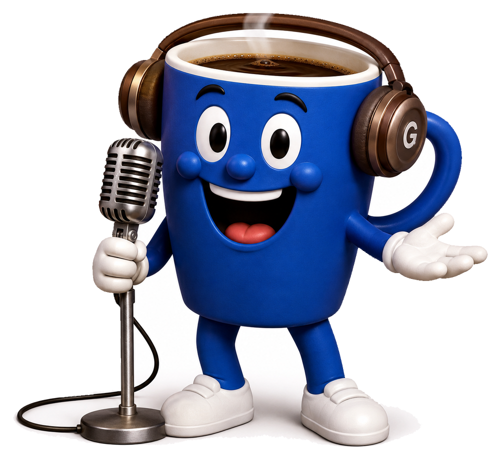 Mugsy mascot holding a vintage microphone, full body